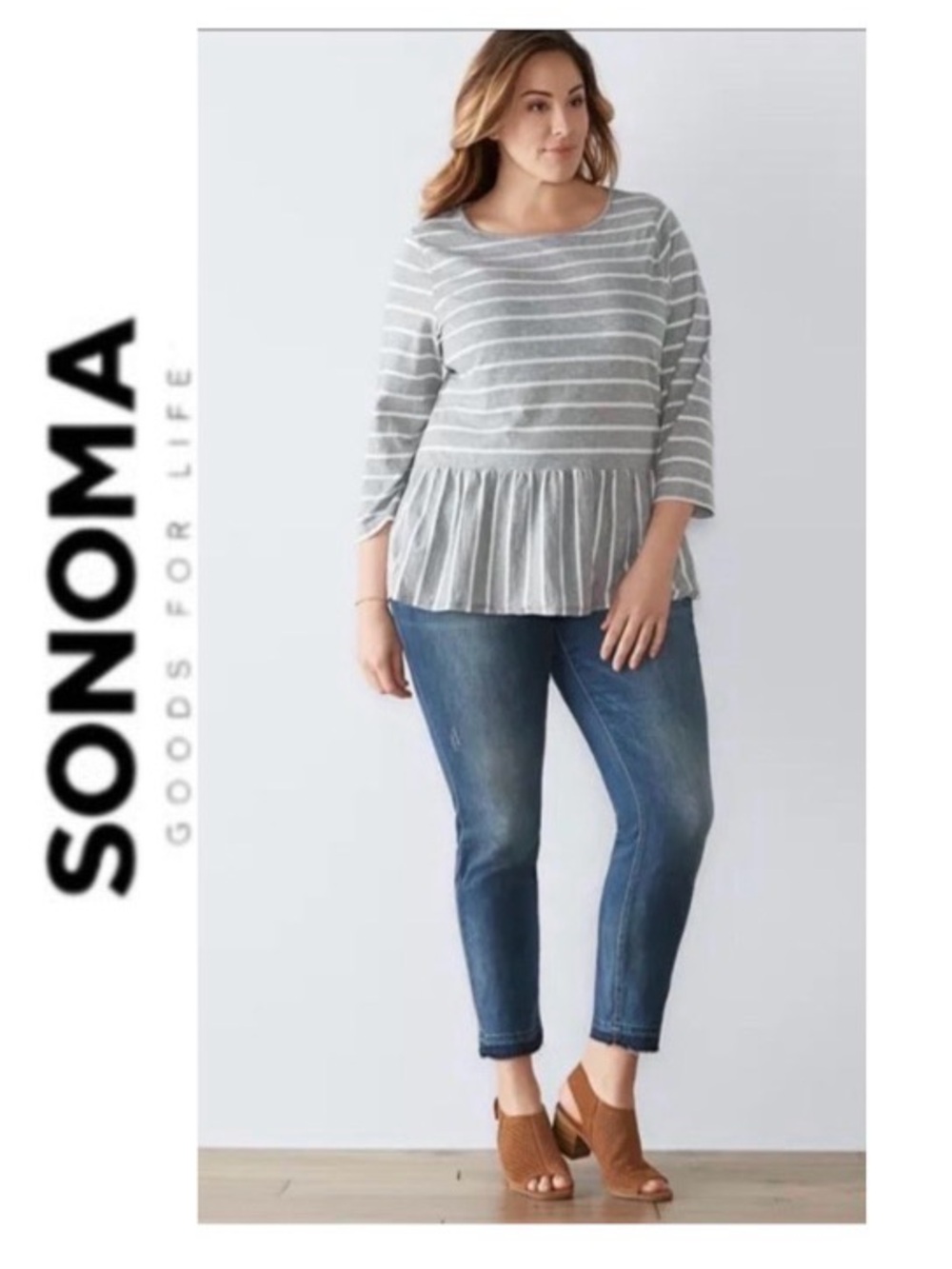 3X Sonoma Striped Cotton Blend Peplum Top
